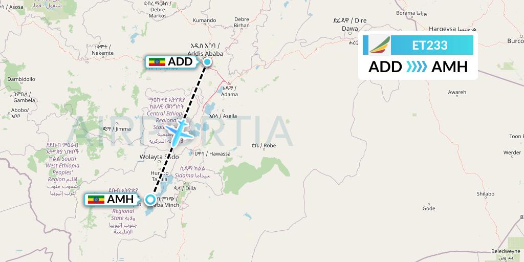 ET233 Ethiopian Airlines Flight Map: Addis Ababa to Ethiopia