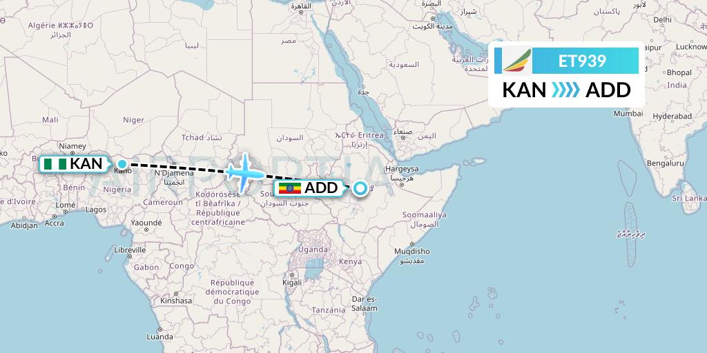 ET939 Ethiopian Airlines Flight Map: Kano to Addis Ababa