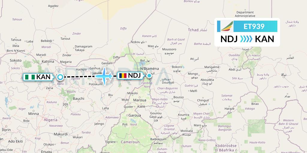 ET939 Ethiopian Airlines Flight Map: N'Djamena to Kano