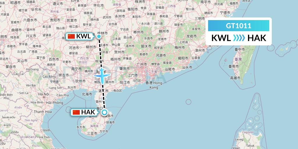 GT1011 Air Guilin Flight Map: Guilin to Haikou