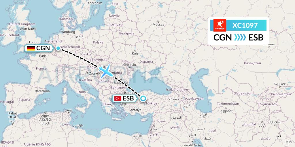 XC1097 Corendon Airlines Flight Map: Cologne to Ankara