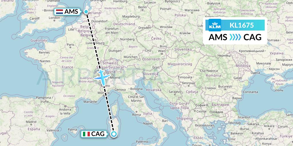 KL1675 KLM Flight Map: Amsterdam to Cagliari