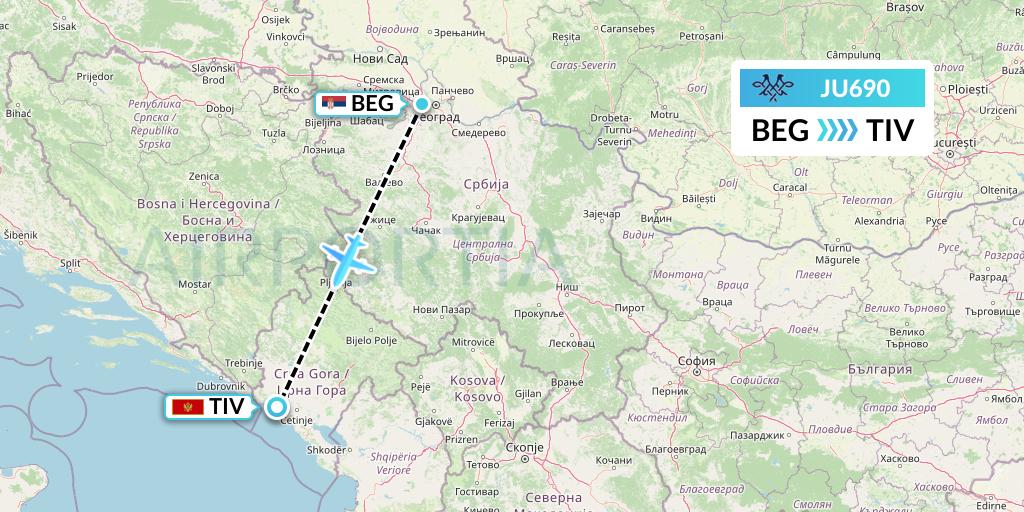 JU690 AirSERBIA Flight Map: Belgrade to Tivat