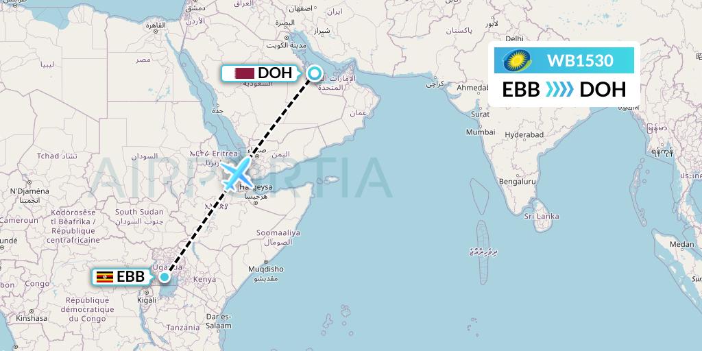 WB1530 RwandAir Flight Map: Entebbe to Doha