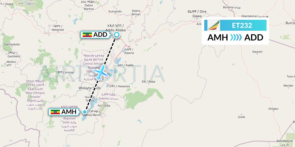 ET232 Ethiopian Airlines Flight Map: Ethiopia to Addis Ababa