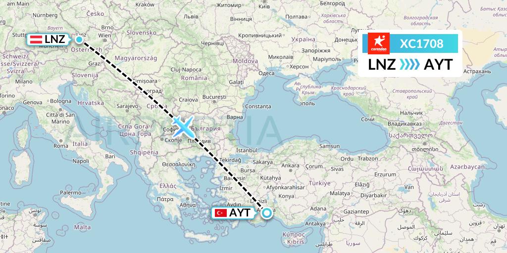 XC1708 Corendon Airlines Flight Map: Linz to Antalya