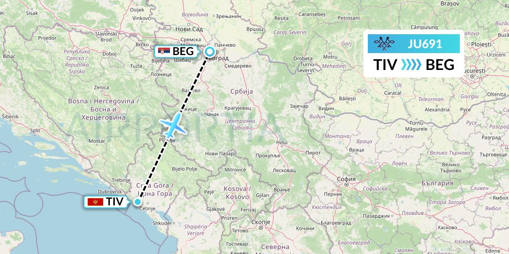JU691 AirSERBIA Flight Map: Tivat to Belgrade