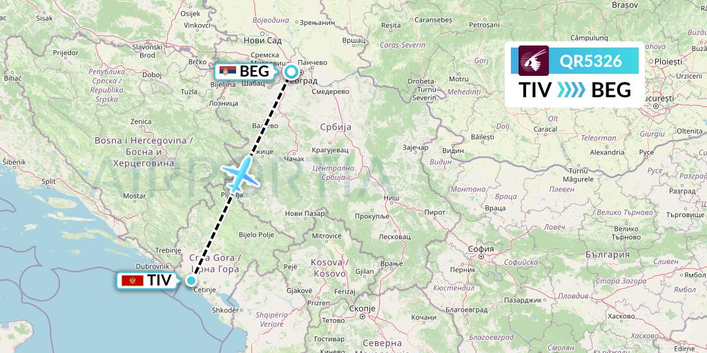 QR5326 Qatar Airways Flight Map: Tivat to Belgrade