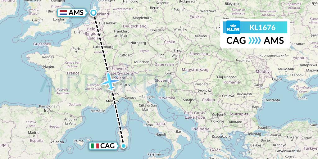 KL1676 KLM Flight Map: Cagliari to Amsterdam