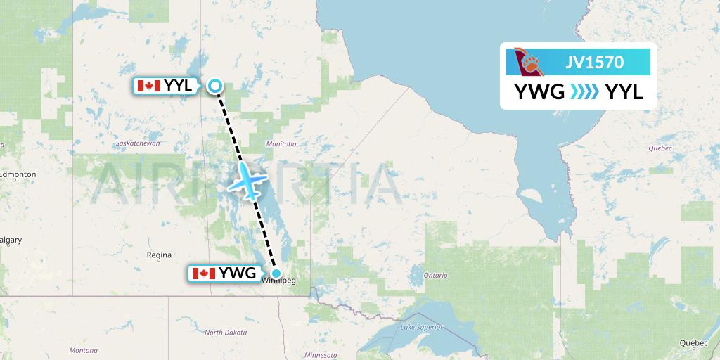 JV1570 Bearskin Airlines Flight Map: Winnipeg to Lynn Lake