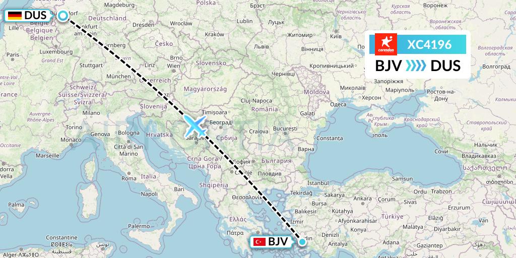 XC4196 Corendon Airlines Flight Map: Bodrum to Dusseldorf