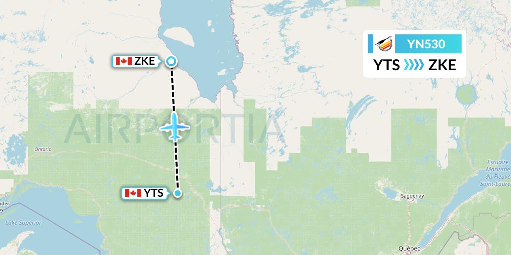 YN530 Air Creebec Flight Map: Timmins to Kashechewan