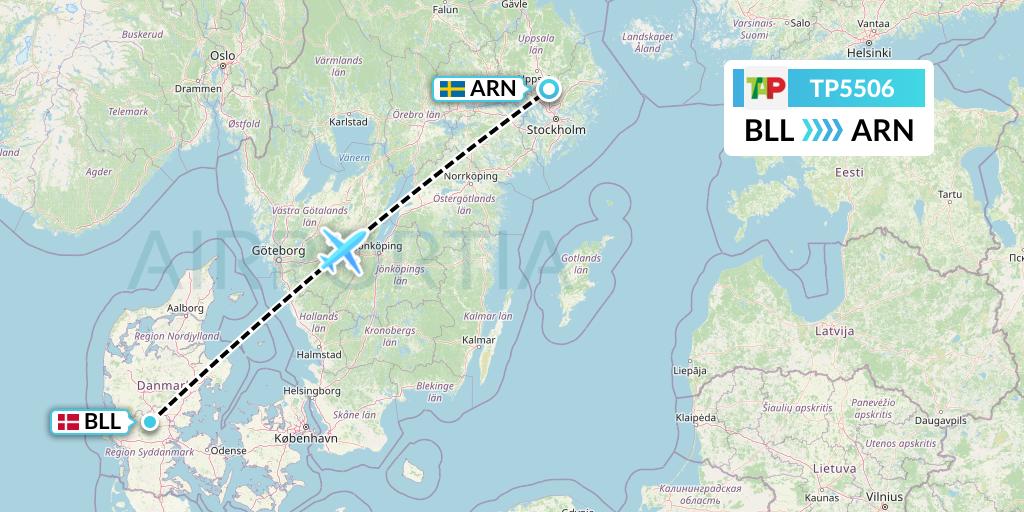 TP5506 TAP Portugal Flight Map: Billund to Stockholm