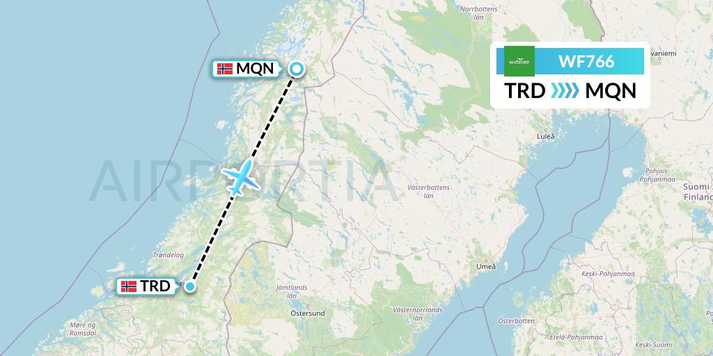 WF766 Wideroe Flight Map: Trondheim to Mo i Rana