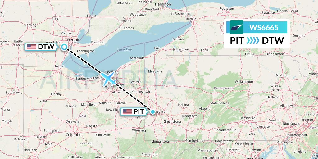 WS6665 WestJet Flight Map: Pittsburgh to Detroit