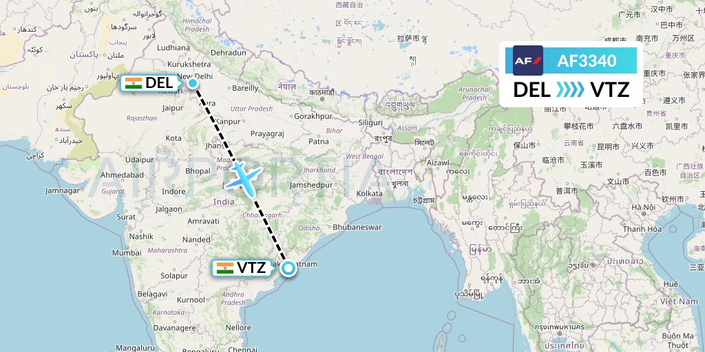AF3340 Air France Flight Map: Delhi to Visakhapatnam