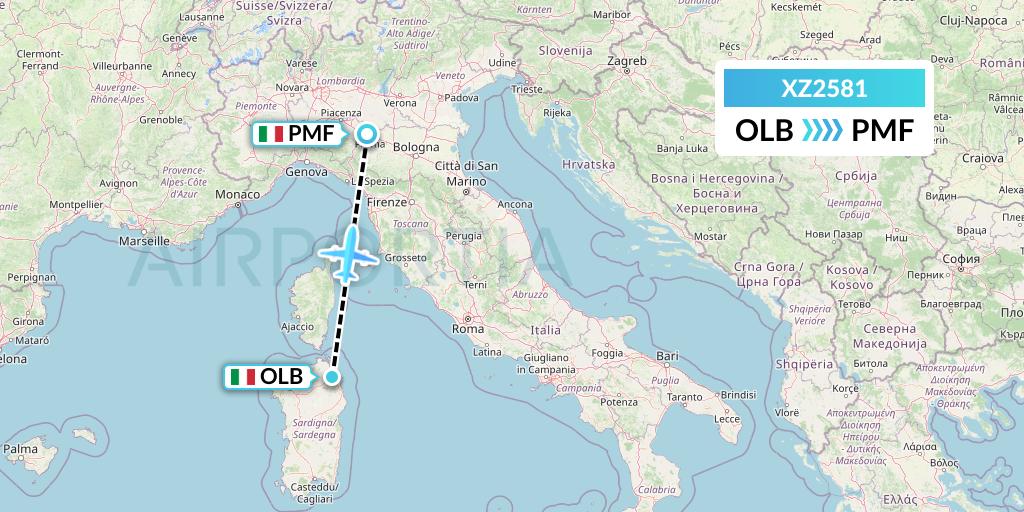 XZ2581 Aeroitalia Flight Map: Olbia to Parma