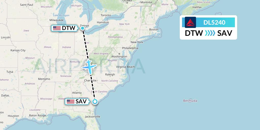 DL5240 Delta Air Lines Flight Map: Detroit to Savannah