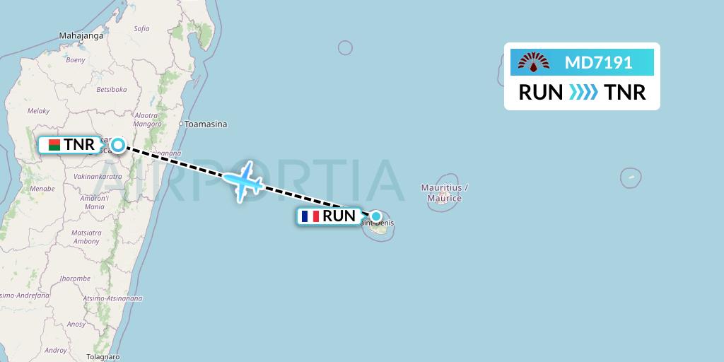 MD7191 Air Madagascar Flight Map: Saint-Denis to Antananarivo