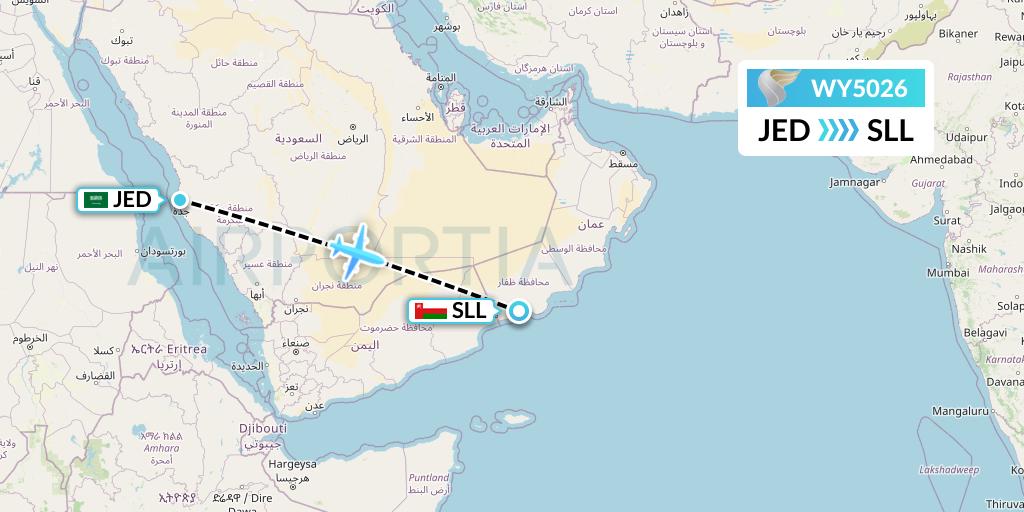 WY5026 Oman Air Flight Map: Jeddah to Salalah