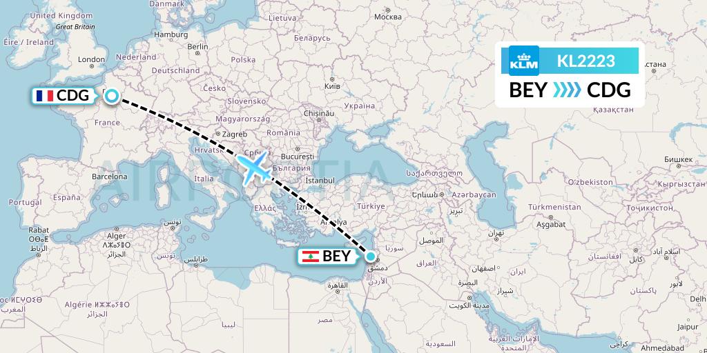 KL2223 KLM Flight Map: Beirut to Paris