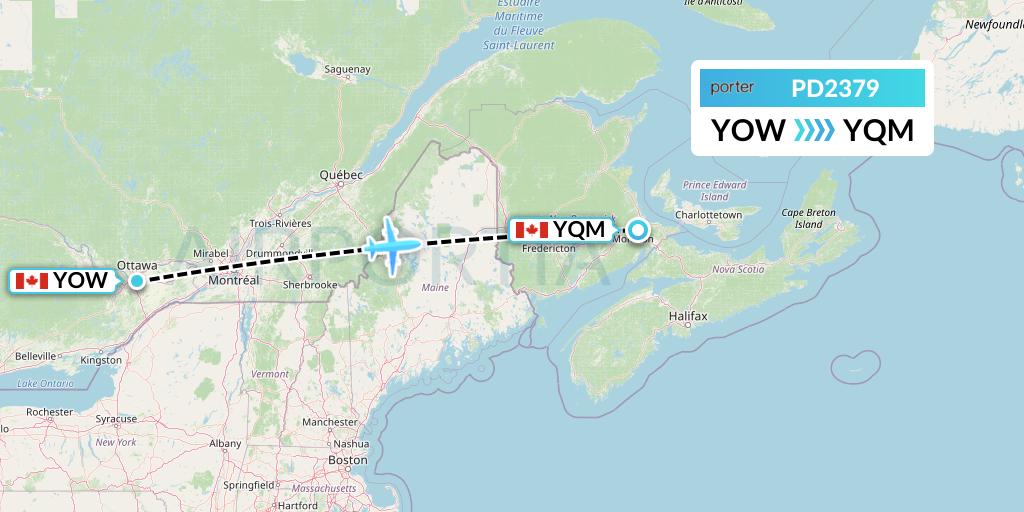 PD2379 Porter Airlines Flight Map: Ottawa to Moncton