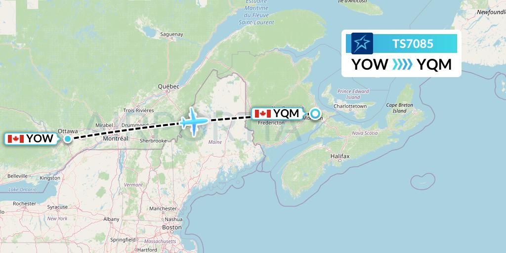 TS7085 Air Transat Flight Map: Ottawa to Moncton