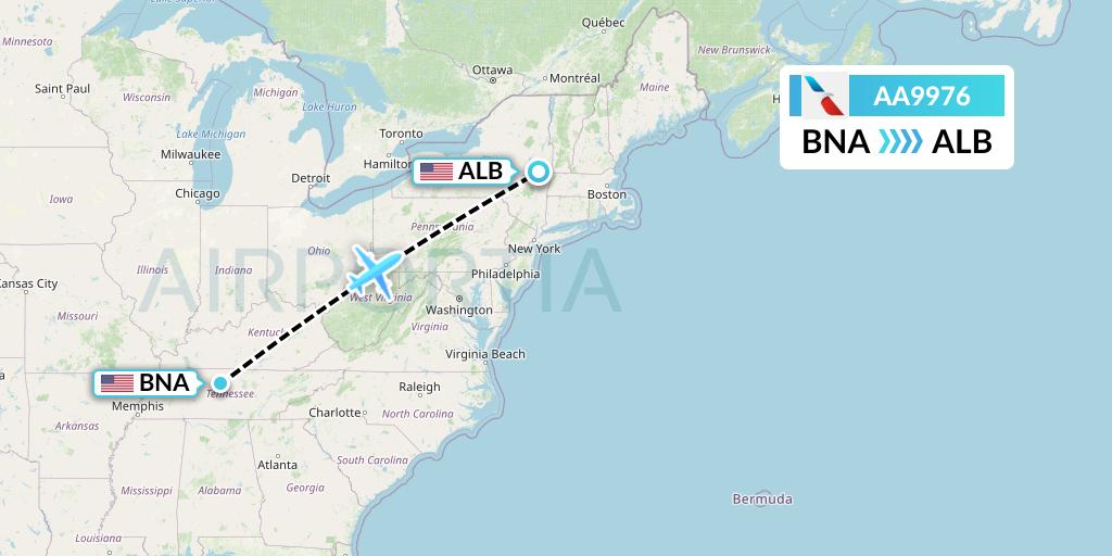AA9976 American Airlines Flight Map: Nashville to Albany