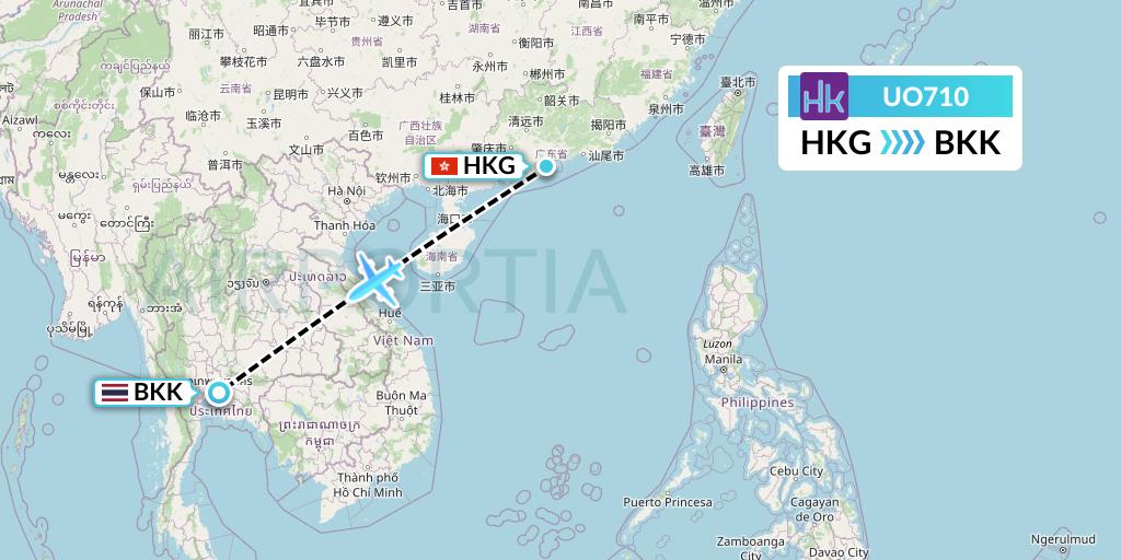 UO710 Hong Kong Express Flight Map: Hong Kong to Bangkok