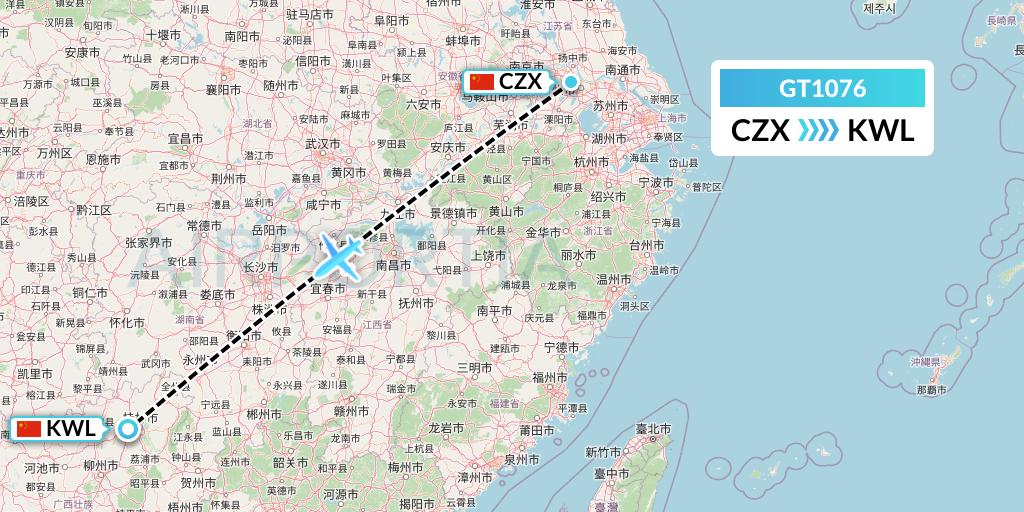 GT1076 Air Guilin Flight Map: Changzhou to Guilin