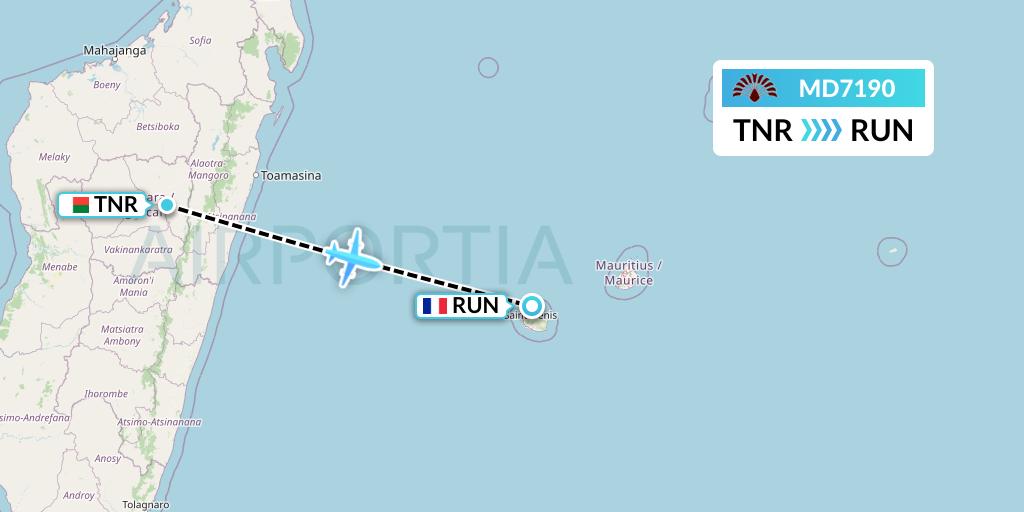 MD7190 Air Madagascar Flight Map: Antananarivo to Saint-Denis