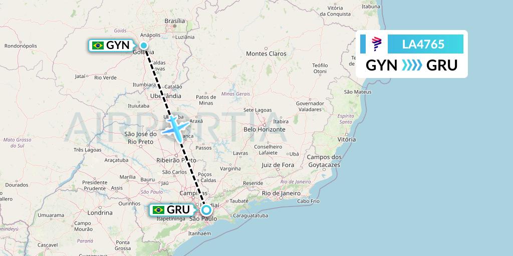 LA4765 LAN Airlines Flight Map: Goiania to Sao Paulo