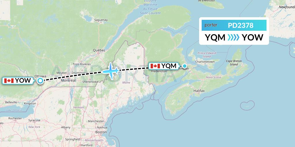 PD2378 Porter Airlines Flight Map: Moncton to Ottawa