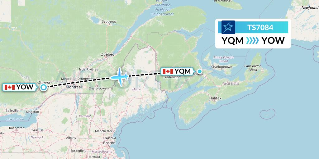 TS7084 Air Transat Flight Map: Moncton to Ottawa