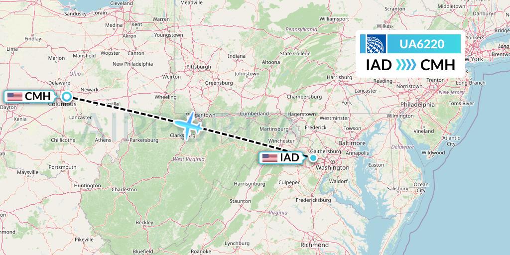 UA6220 United Airlines Flight Map: Washington to Columbus
