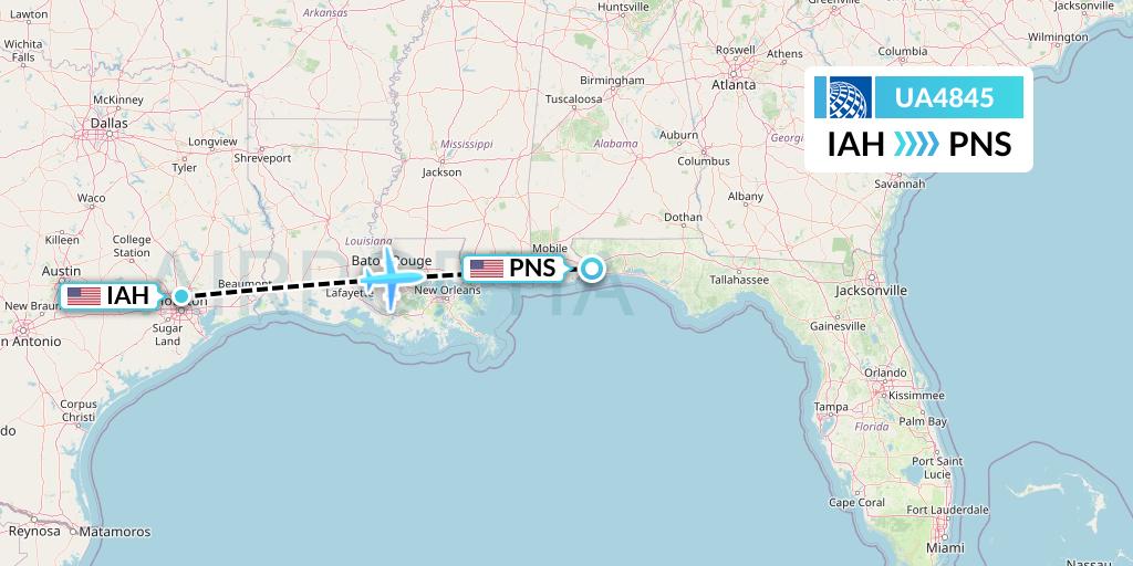 UA4845 United Airlines Flight Map: Houston to Pensacola