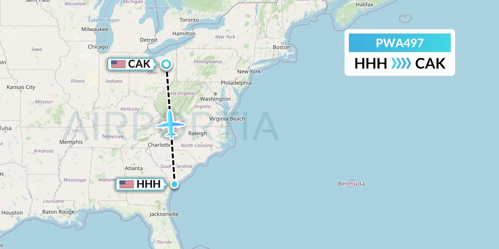 PWA497 Priester Aviation Flight Map: Hilton Head Island to Akron