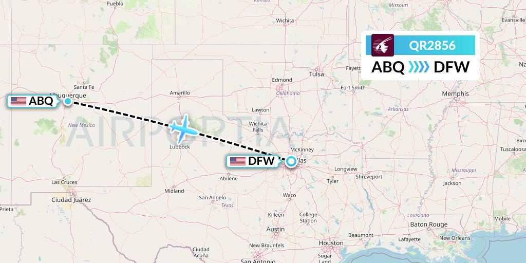 QR2856 Qatar Airways Flight Map: Albuquerque to Dallas