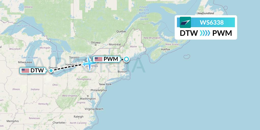 WS6338 WestJet Flight Map: Detroit to Portland