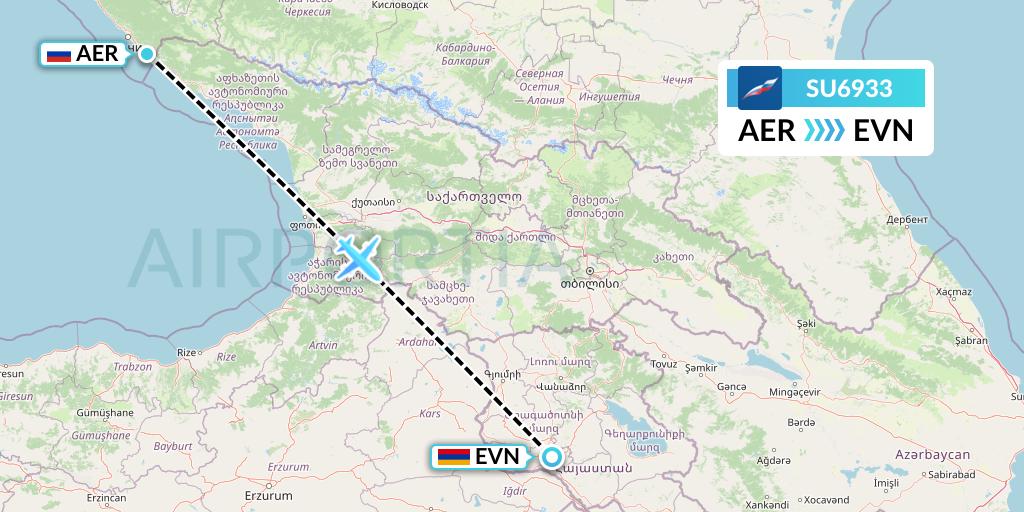 SU6933 Aeroflot Flight Map: Sochi to Yerevan