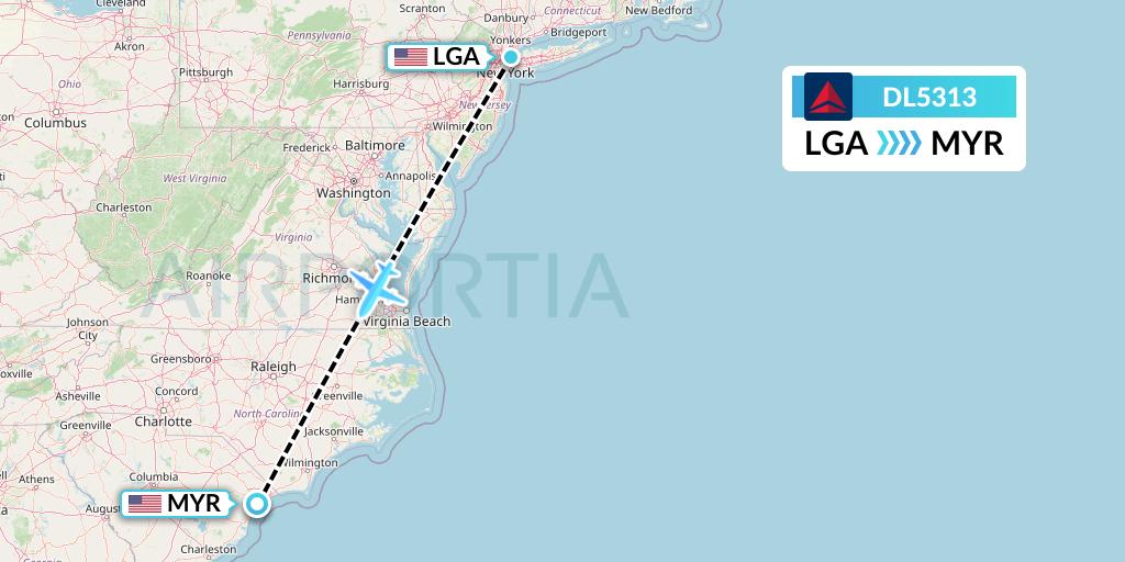 DL5313 Delta Air Lines Flight Map: New York to Myrtle Beach