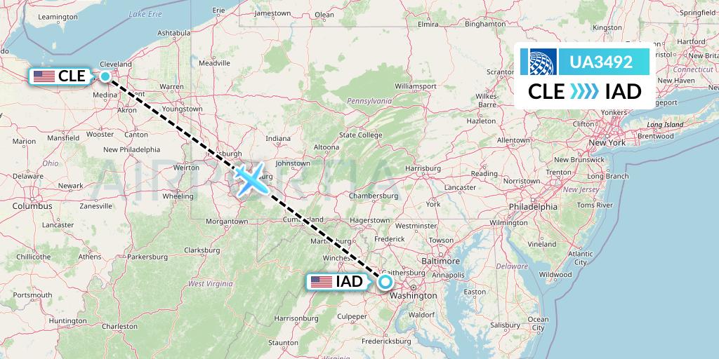 UA3492 United Airlines Flight Map: Cleveland to Washington