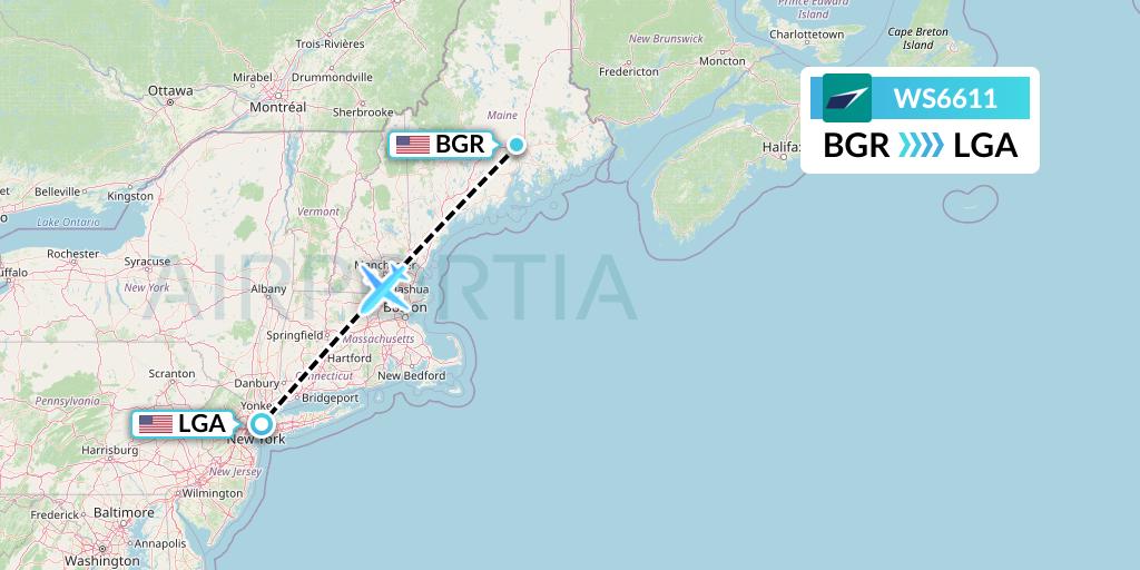 WS6611 WestJet Flight Map: Bangor to New York