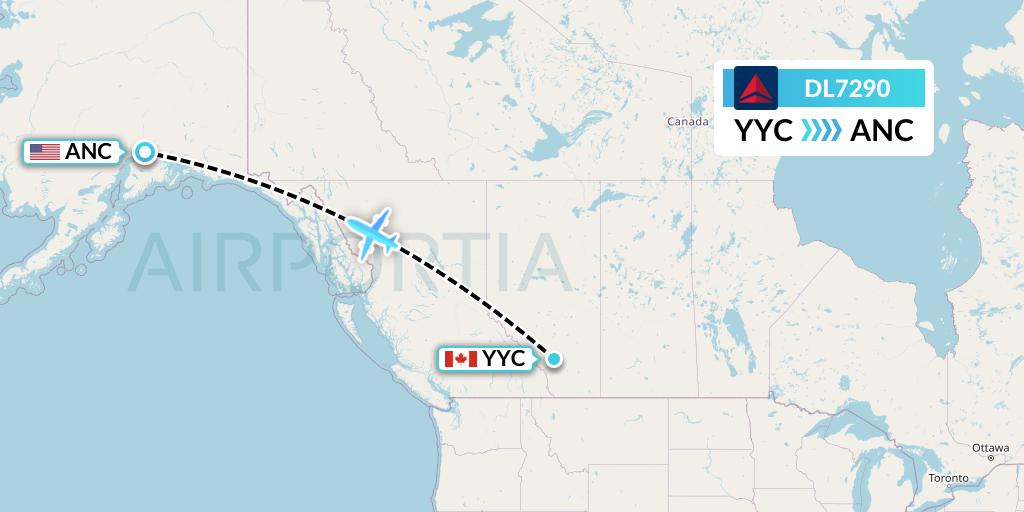 DL7290 Delta Air Lines Flight Map: Calgary to Anchorage
