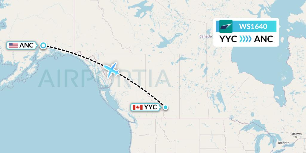 WS1640 WestJet Flight Map: Calgary to Anchorage