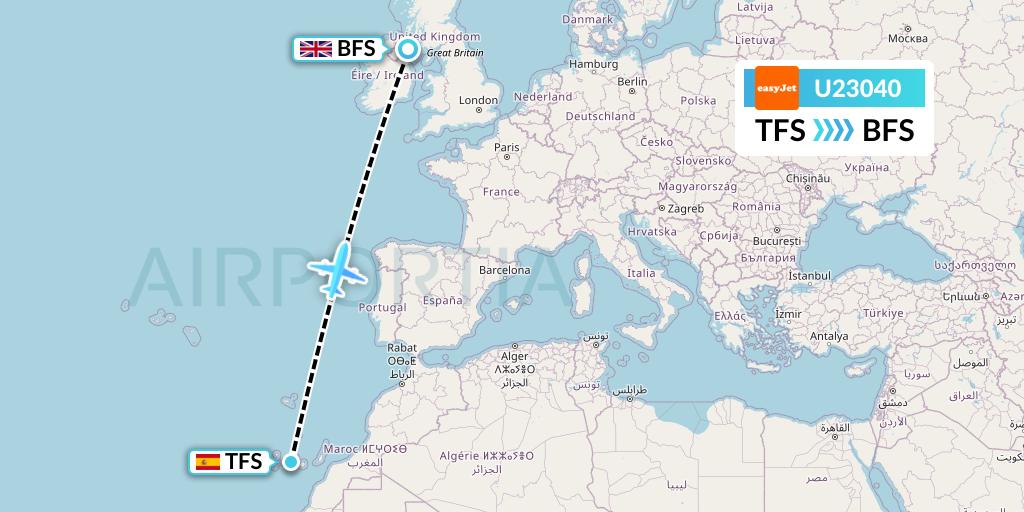 U23040 EasyJet Flight Map: Tenerife to Belfast