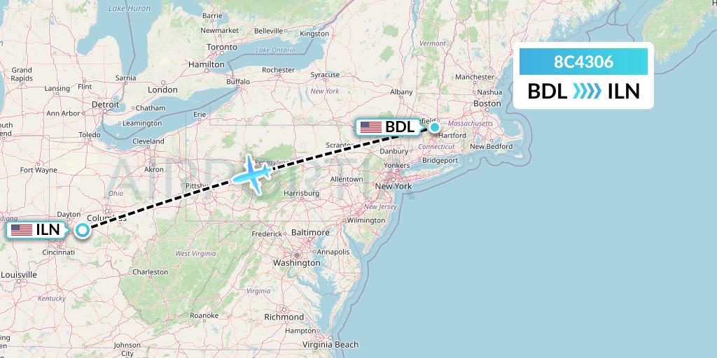 8C4306 Air Transport International Flight Map: Windsor Locks to Wilmington