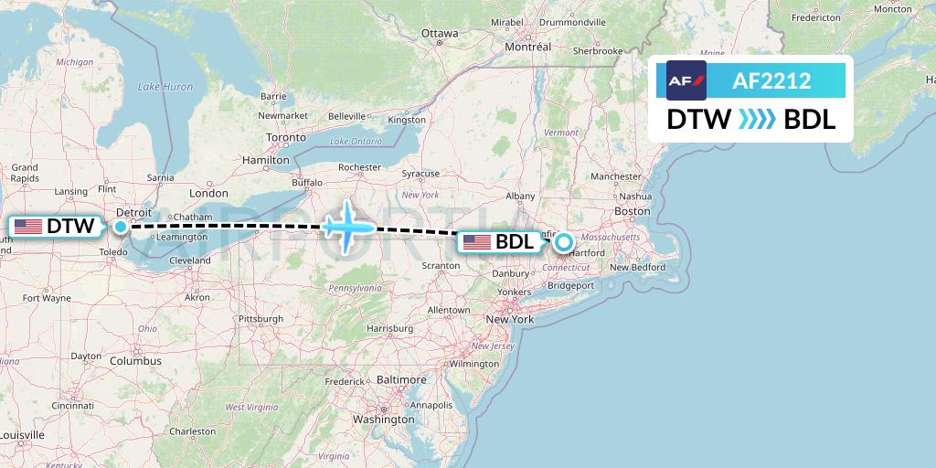 AF2212 Air France Flight Map: Detroit to Windsor Locks
