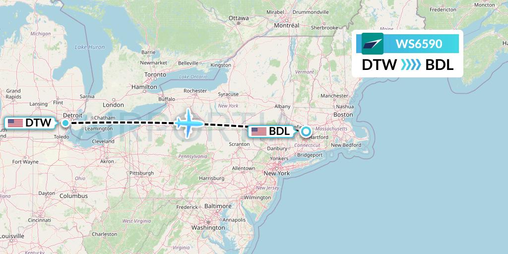 WS6590 WestJet Flight Map: Detroit to Windsor Locks