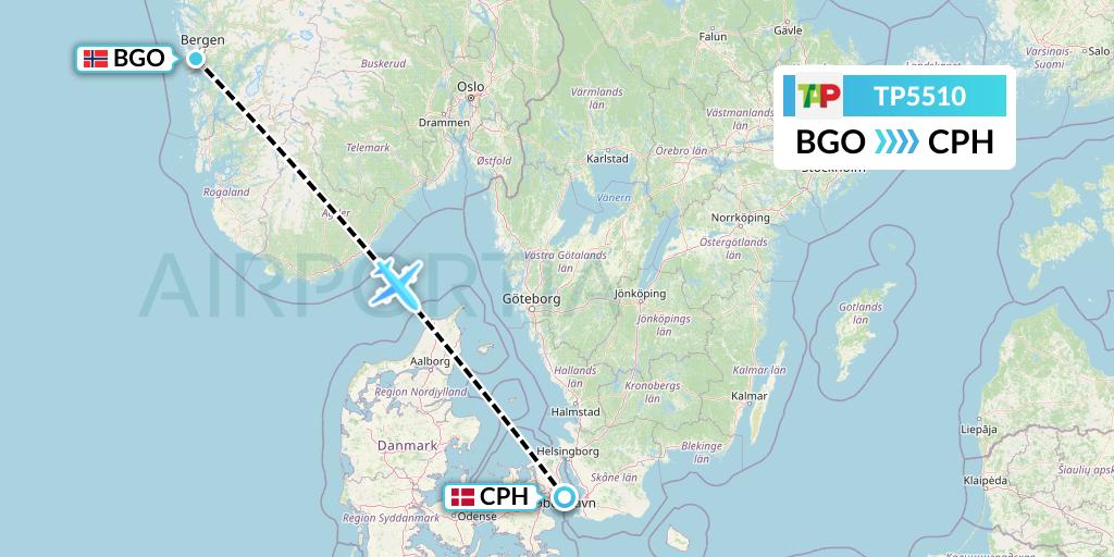 TP5510 TAP Portugal Flight Map: Bergen to Copenhagen